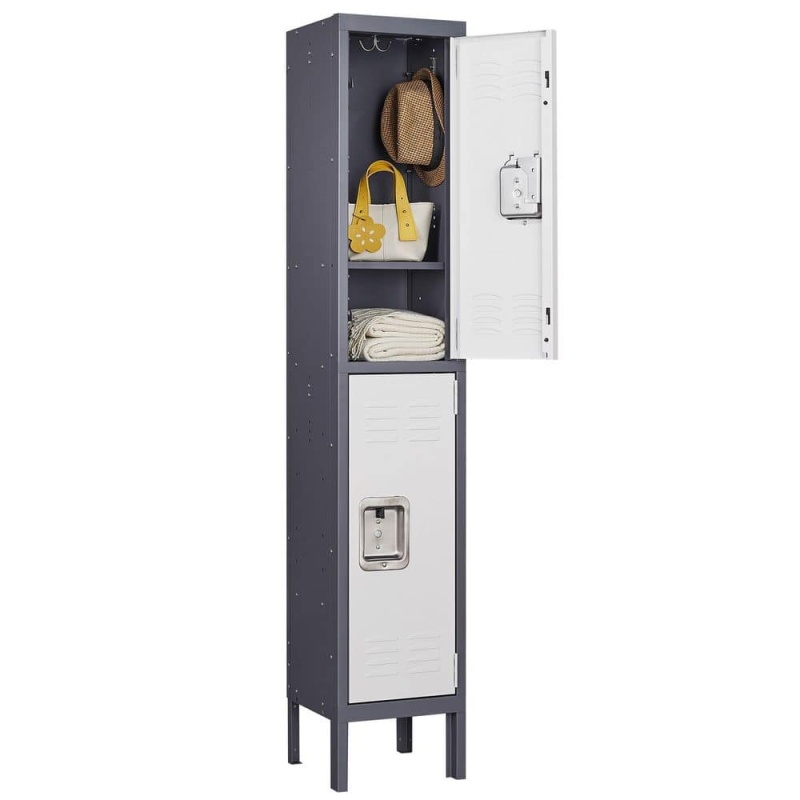 Metal Locker 2 Doors 12 in. D x 12 in. W x 66 in. H in Gray White 2 Tier Storage Shelves Locker for School Factory Gym
