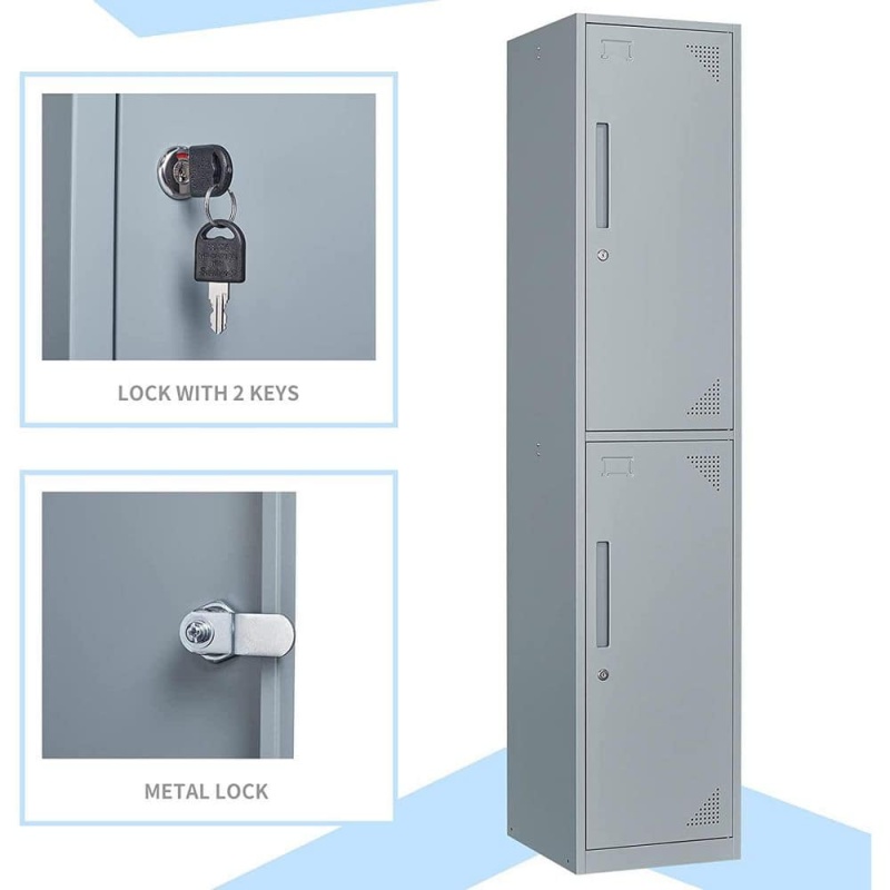 Double Tier Metal Locker Cabinet with Doors and Keys in Grey School Gym Locker 17 in. D x 15 in. W x 71 in. H