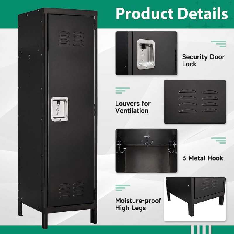 MLEZAN | Metal Storage Locker in 55 in. H x 15 in. W x 18 in. D, Single Door Clothing Storage Cabinet with Hanging Hooks