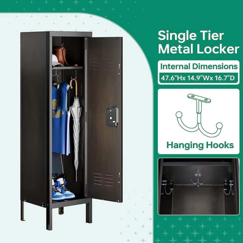MLEZAN | Metal Storage Locker in 55 in. H x 15 in. W x 18 in. D, Single Door Clothing Storage Cabinet with Hanging Hooks
