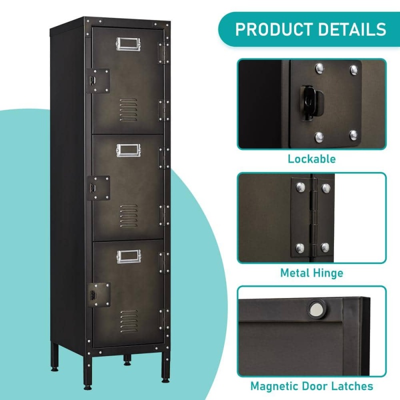 MLEZAN | Industrial Metal Locker 3 Tiers Shelves, Industrial Slim Lockers 3 Doors in 13.8"D x 12"W x 47.3"H