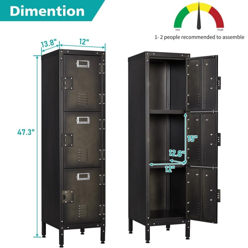 MLEZAN | Industrial Metal Locker 3 Tiers Shelves, Industrial Slim Lockers 3 Doors in 13.8"D x 12"W x 47.3"H