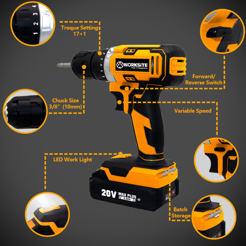 WORKSITE 20V Cordless Drill Set 70Pcs with Hand Tools Screwdriver Bits  Hammer Battery Drill Combo Kit,Cordless Power Tools