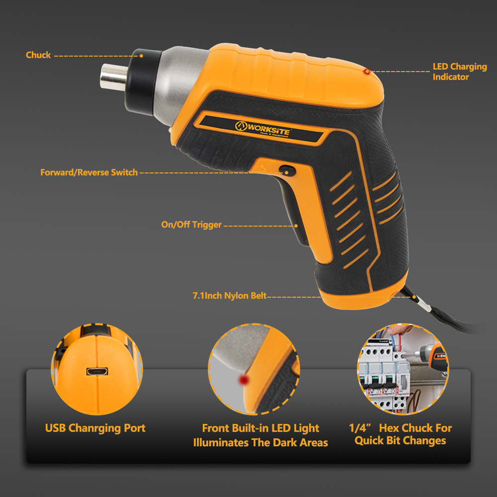 WORKSITE Cordless Screwdriver USB Mini 4V Li-ion Battery Drill Driver Compact Pocket Smart Multi Cordless Mini Screwdriver