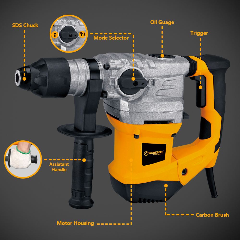 WORKSITE Industrial Quality 32mm Rotary Hammer Drill Machine 220V Power Hammer Tools Large 1500W Cord Electric Rotary Hammer