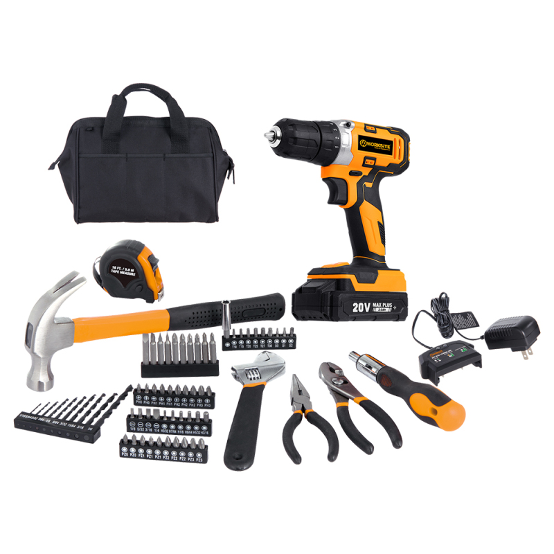 WORKSITE 20V Cordless Drill Set 70Pcs with Hand Tools Screwdriver Bits Hammer Battery Drill Combo Kit