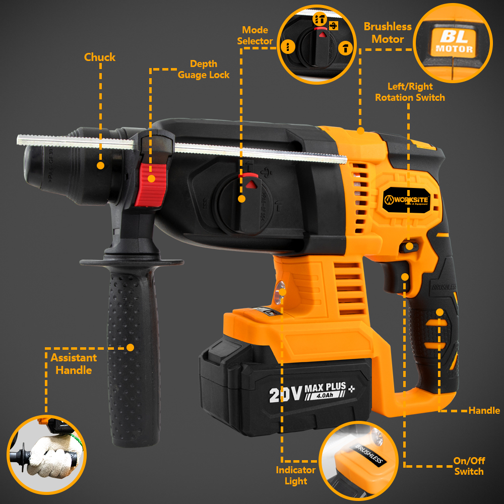 WORKSITE SDS Plus Brushless Rotary Hammer Machine Professional Rotary