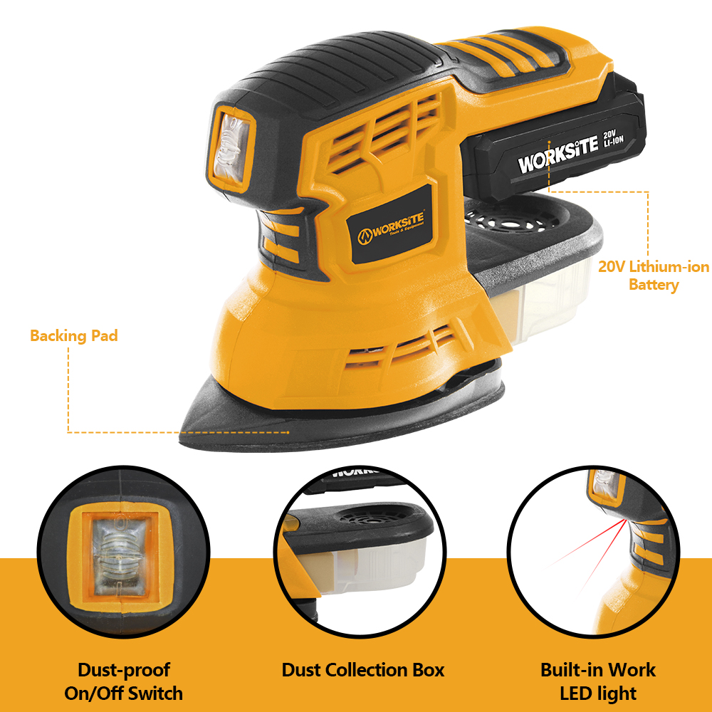 WORKSITE Power Wood Detail Sander Tool Finishing Drywall Wood Sanding Machine 20V Battery 125mm Hand Mini Cordless Mouse Sander