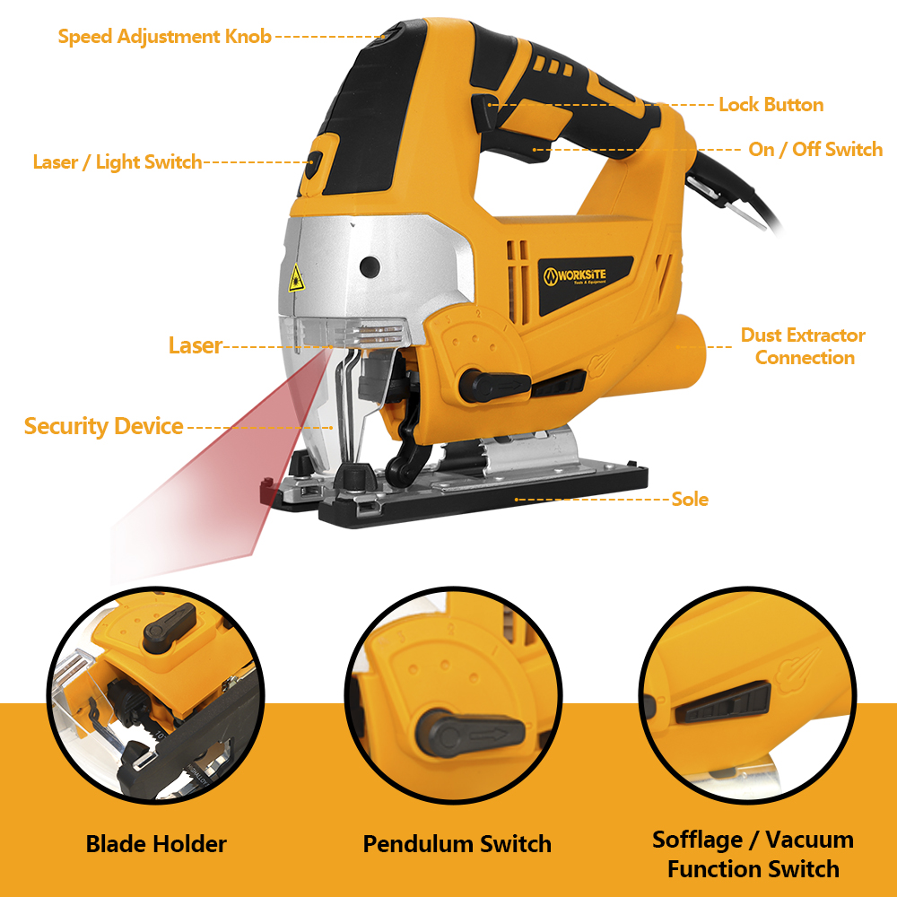 WORKSITE Heavy Duty Jig Saw Machine Woodworking Tools Wood Steel Metal Cutting Saws 800W Electric 220v Corded Portable Jig Saw