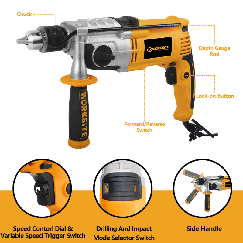 WORKSITE Professional Level Portable Impact Drill Power Drill Machine Tools 1200W Corded 13mm 220V Electric Impact Drill