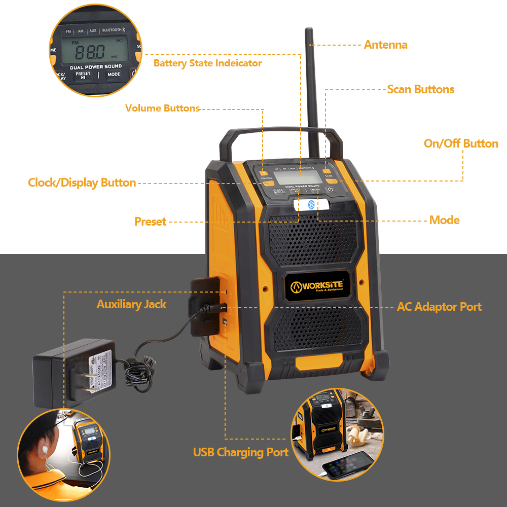 WORKSITE Jobsite Radio Cordless Tools 20V Lithium ion Battery Portable Mini Construction Cordless Jobsite Working Radio