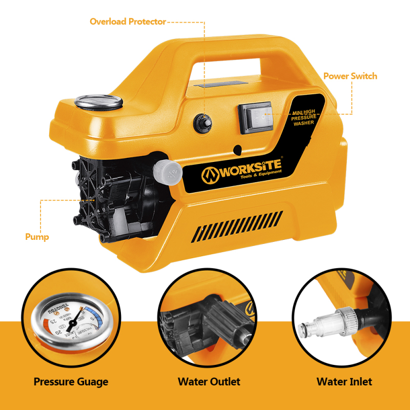 WORKSITE電気220V高圧洗車機ウォータークリーナーマシン2000Wパワーウォッシャーミニ高圧洗浄機