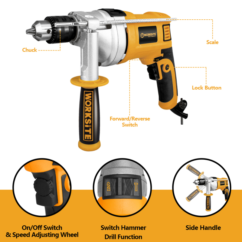 WORKSITE Professional Level 1100W Electric Impact Drill 220V Power Tools Adjustable Speed concrete 13mm Electric Impact Drill