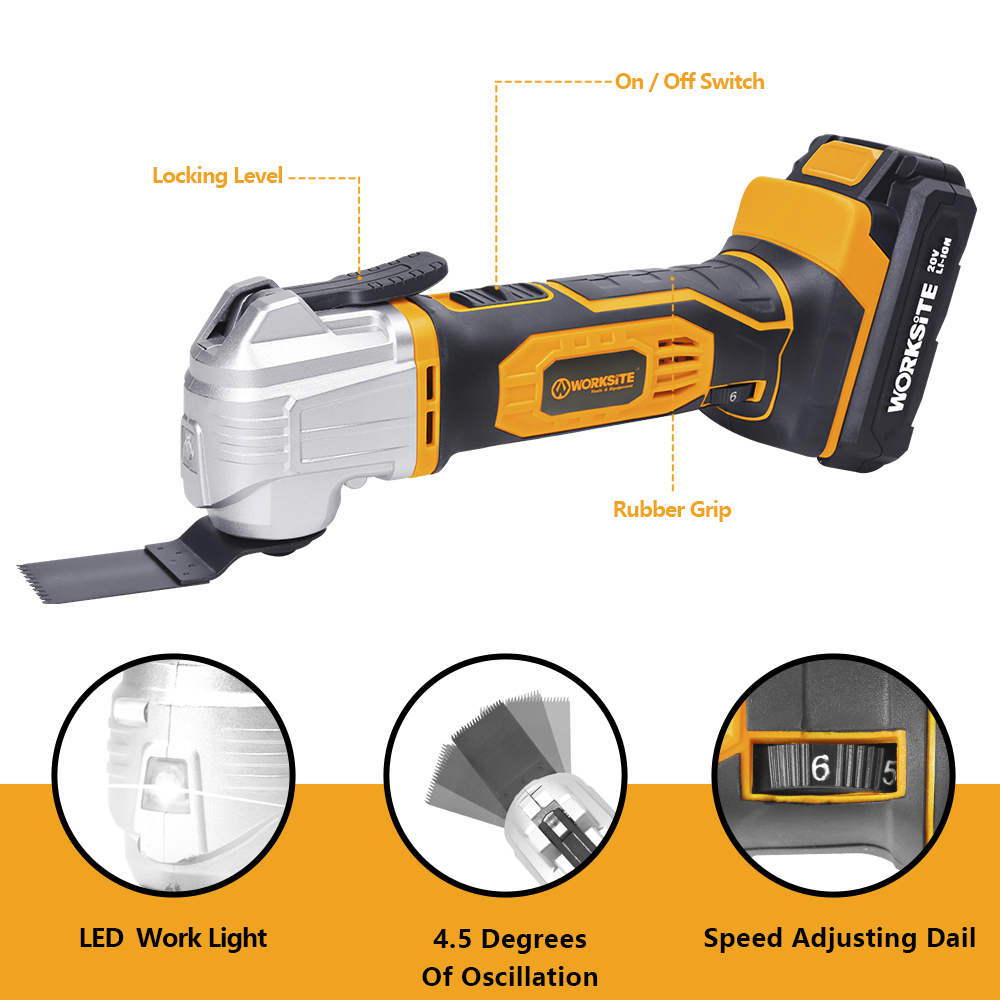 WORKSITE 20V Cordless Oscillating Multi Tool 18000OPM Saw Blades Knife Cutting Tools Lithium Battery Power Oscillating Tools