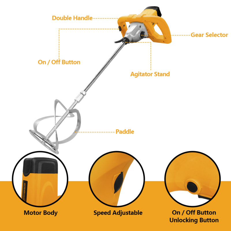 WORKSITE Electric Concrete Cement Mixer Thinset Mortar Grout Plaster Cement Drill Stirring Tool 1400W Adjustable Handheld Mixer