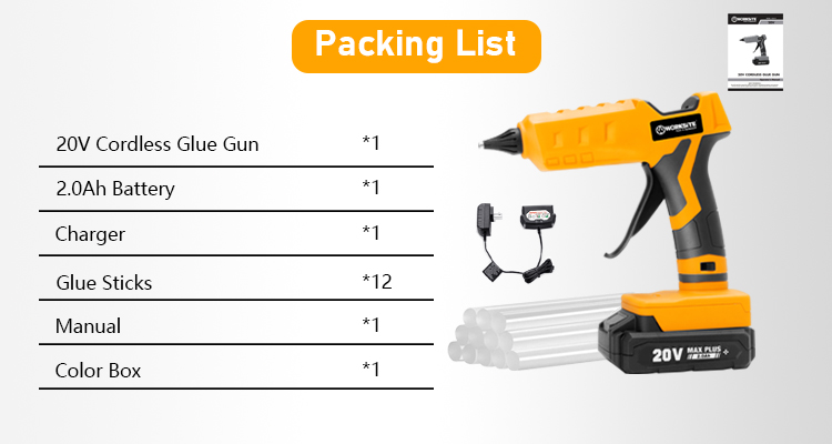 Worksite Hot Melt Glue Gun Diy Crafts Tools 60w Rechargeable 20v Battery Power Small Cordless