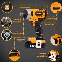 WORKSITE Brushless Impact Wrench Heavy Duty 3 Speed 20V Battery Power Tools 1/2" High Torque Adjustable Cordless Impact Wrench