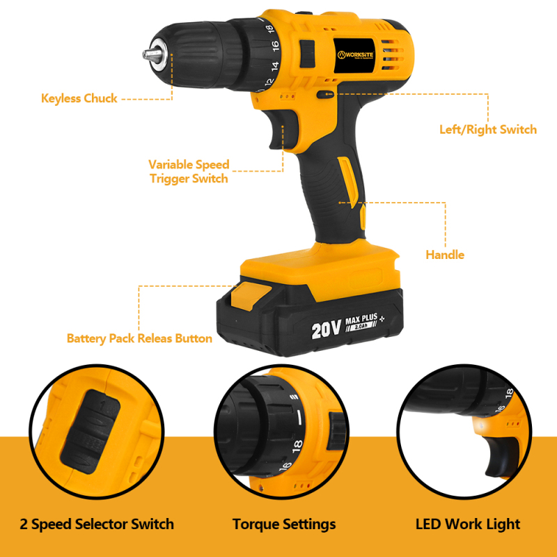 WORKSITE 20V Battery Power Drills 19+1 Chuck 30Nm Portable Handheld Rechargeable Cordless Drill Driver