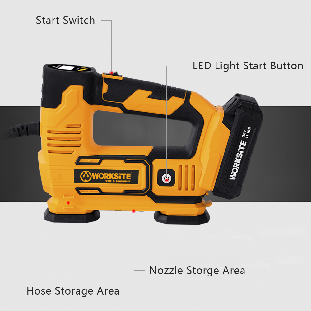 WORKSITE Tire Inflator 20V Battery Air Pump Compressor Digital 120PSI Portable Vehicle Car Bike Cordless Inflator