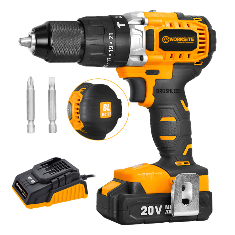 WORKSITE Brushless Cordless Hammer Drill 20V Battery 1/2” 2 Speed Driving Drilling Tools Power Drill Machine