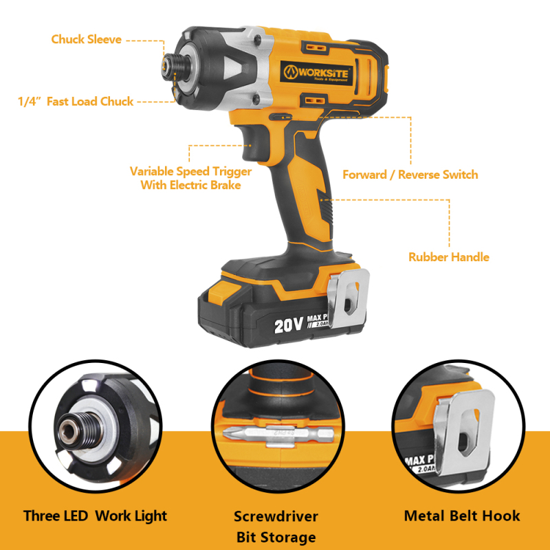 WORKSITE 20V Cordless Impact Driver 1/4" High Torque 250N.m Lithium-ion Battery Power 6.35mm Screw Impact Drivers