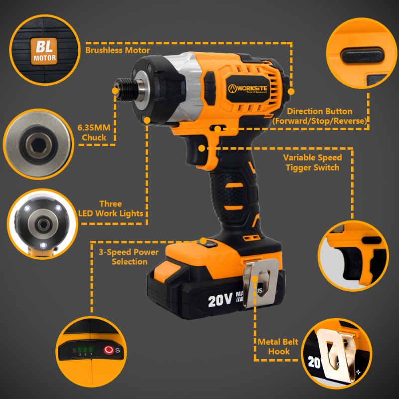 WORKSITE 20V Brushless 1/4" Hex Impact Driver 3 Speed Battery Power Tools Hand Impact Screw Driver Cordless Impact Drill Driver