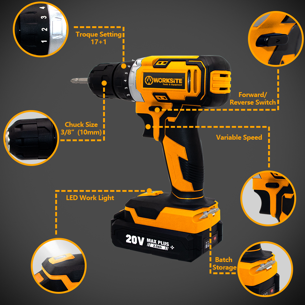 WORKSITE 20V Cordless Drill Screw Driver Wood Mini Hand Lithium-ion Battery Power Tools Factory Cordless Drill