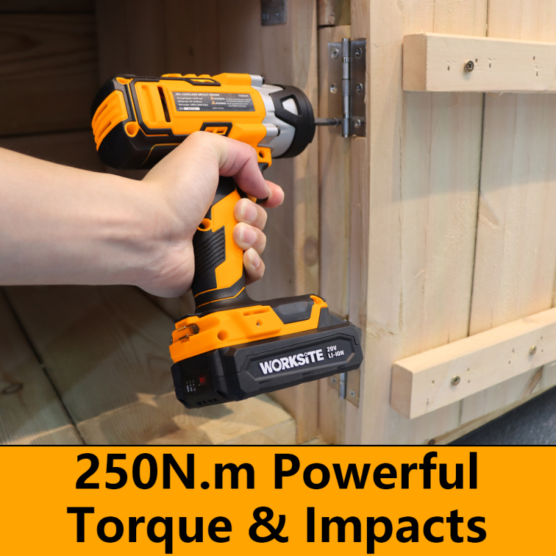 WORKSITE 20V Cordless Impact Driver 1/4" High Torque 250N.m Lithium-ion Battery Power 6.35mm Screw Impact Drivers