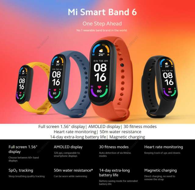 Wholesale Global Version Xiaomi Mi Band 6 Smart Bracelet 1.56"AMOLED Screen miBand 6 Heart Rate Fitness Traker Bluetooth 5 ATM Waterproof