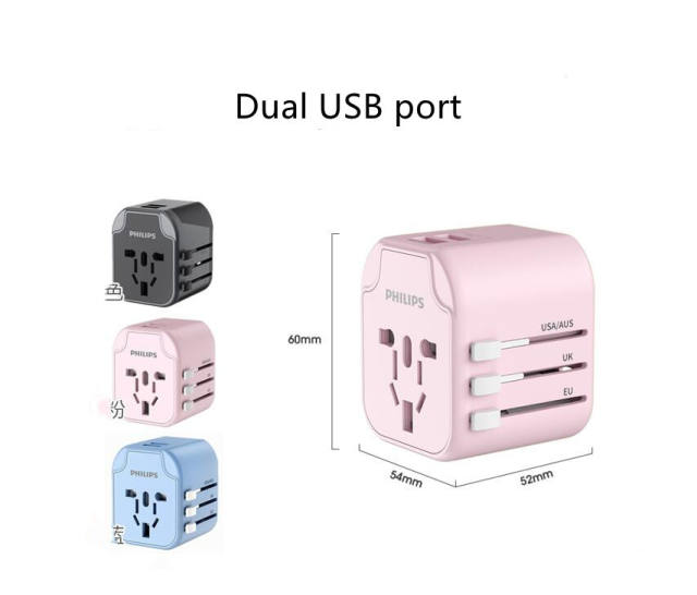 Philips Travel Adapter, Worldwide All in One International 110V-240V AC Plug Adaptor with 3.0A Type-C and 2 USB Ports, Fast Wall Charger