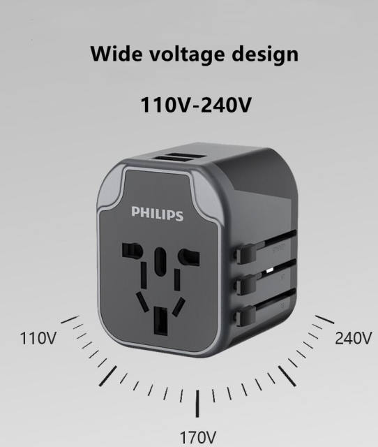 Philips Travel Adapter, Worldwide All in One International 110V-240V AC Plug Adaptor with 3.0A Type-C and 2 USB Ports, Fast Wall Charger