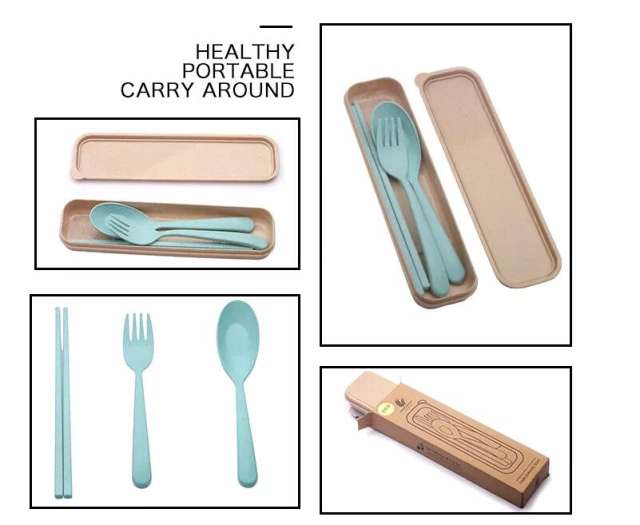 Wheat Straw Silverware Portable Cutlery Spoon Knife Fork Tableware Set with Case