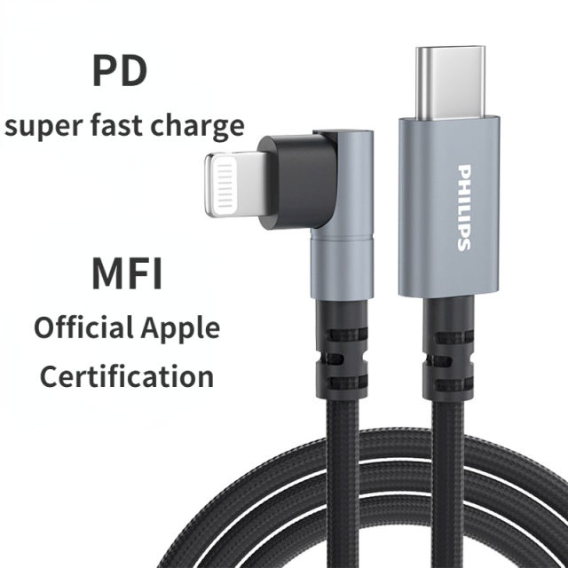 Philips 90 Degree USB Cable For iPhone 11 12 13 Pro Max X XR 6s 7 8 Plus 5 SE Lead Mobile Phone Fast Charging Cord Data Charger Wire SWR1524