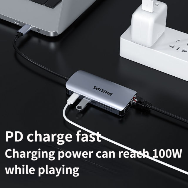 Philips usb c Hub-9 in 1 Portable Space Aluminum Dongle with 4K HDMI, 100W PD Charging, Card Reader SWR1602H
