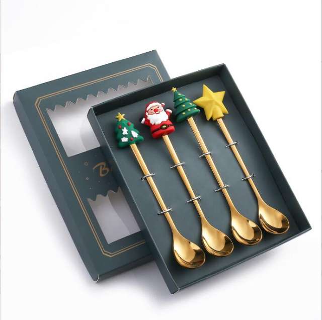 Christmas Spoon Gift Set Stainless Spoons Set 4 Pieces Tea Spoons Soup Spoon Cute Eating Utensils Flatware Sets With Gift Box