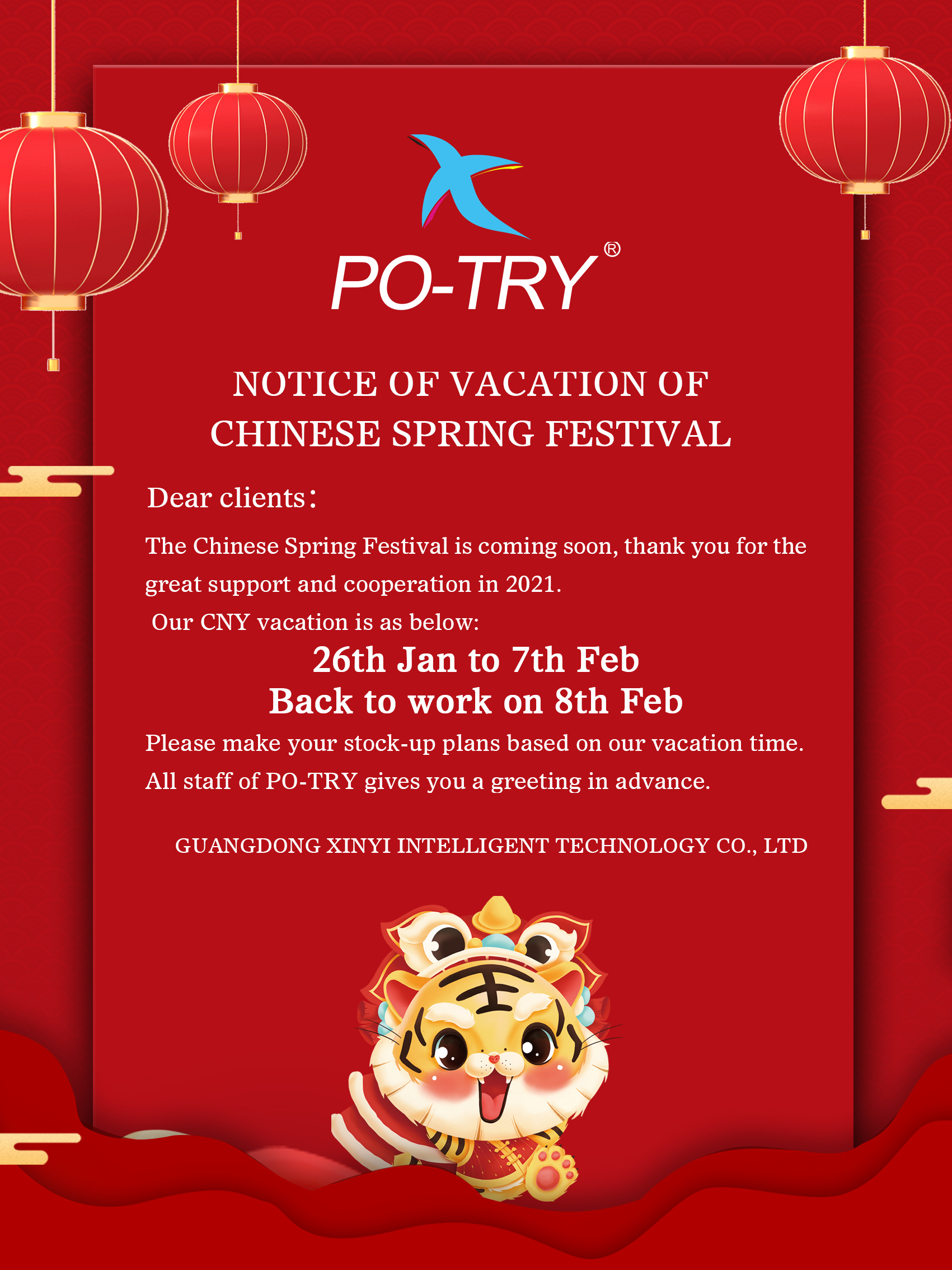 NOTICE OF VACATION OF CHINESE SPRING FESTIVAL