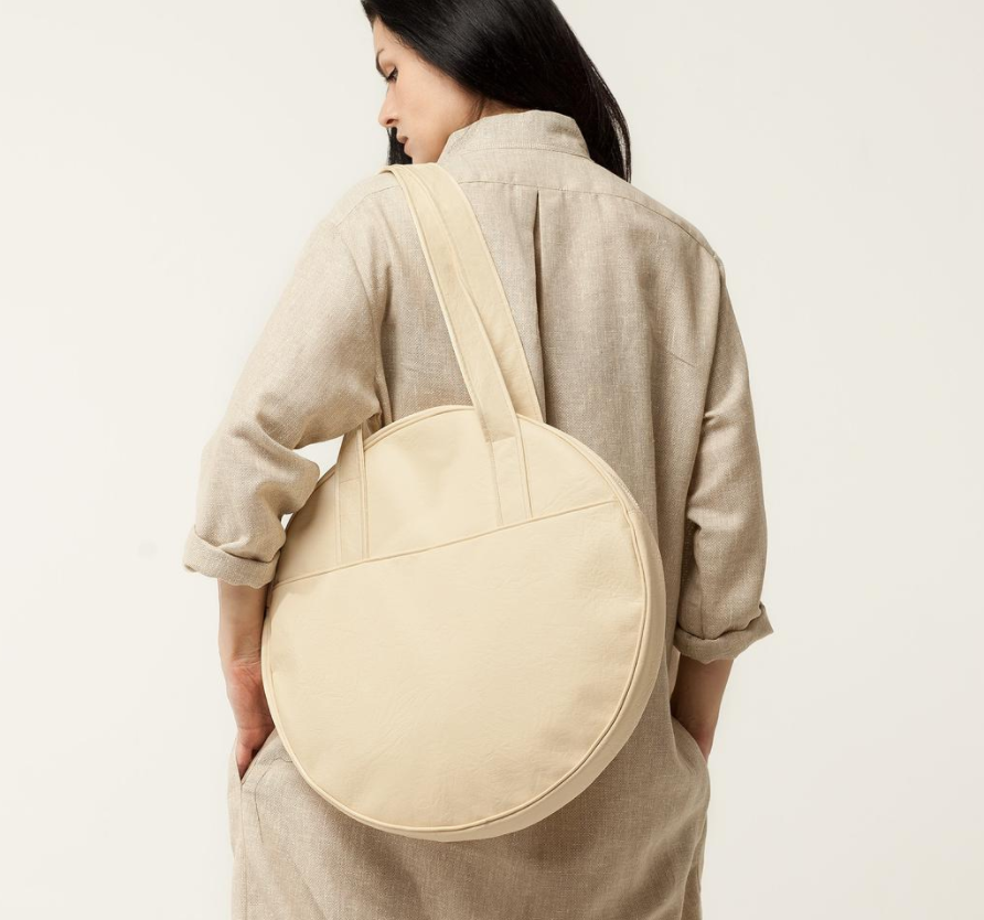 Round Cotton Canvas Tote Bag Beige Vegan Leather Large Circle