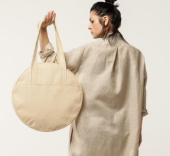 Round Cotton Canvas Tote Bag Beige Vegan Leather Large Circle