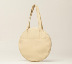 Round Cotton Canvas Tote Bag Beige Vegan Leather Large Circle