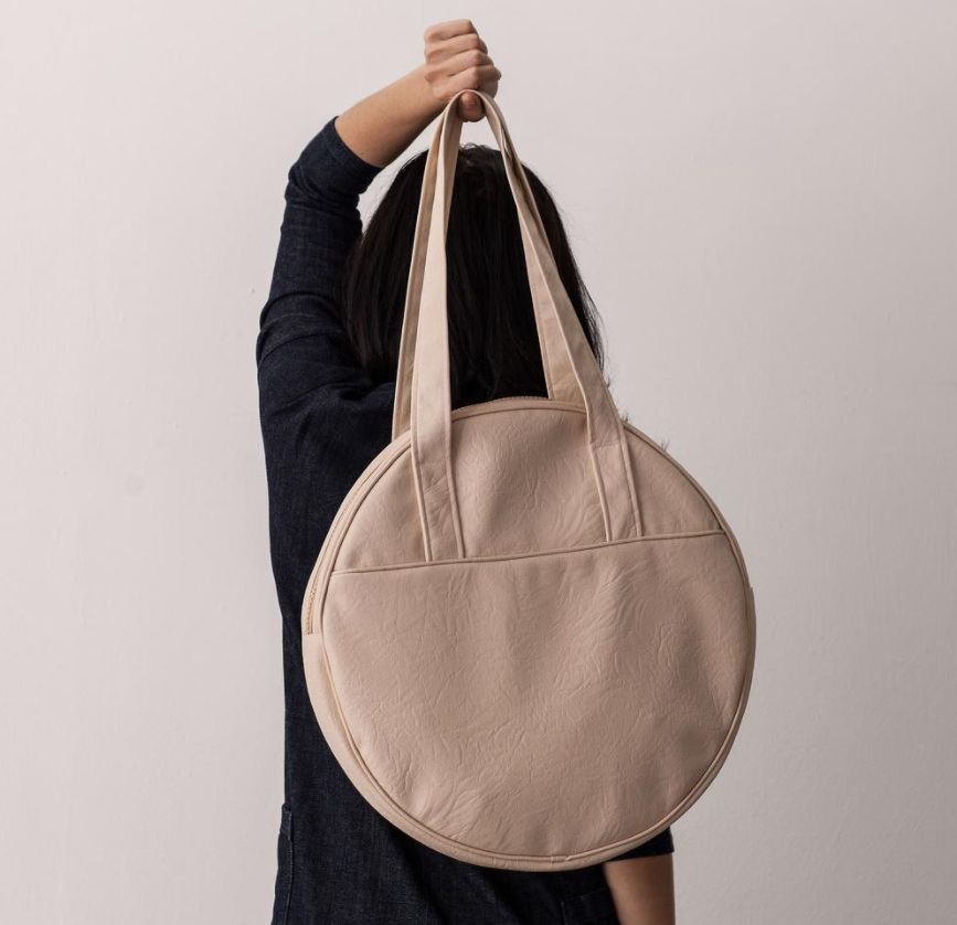 Round Cotton Canvas Tote Bag Beige Vegan Leather Large Circle