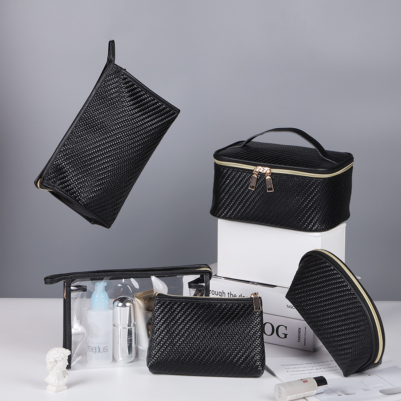 Classical Black Braided PU Gold Zipper Toiletry Bag Luxury