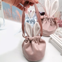 Rabbit Ears Drawstring Velvet Pouch Ribbon Pearl Bag