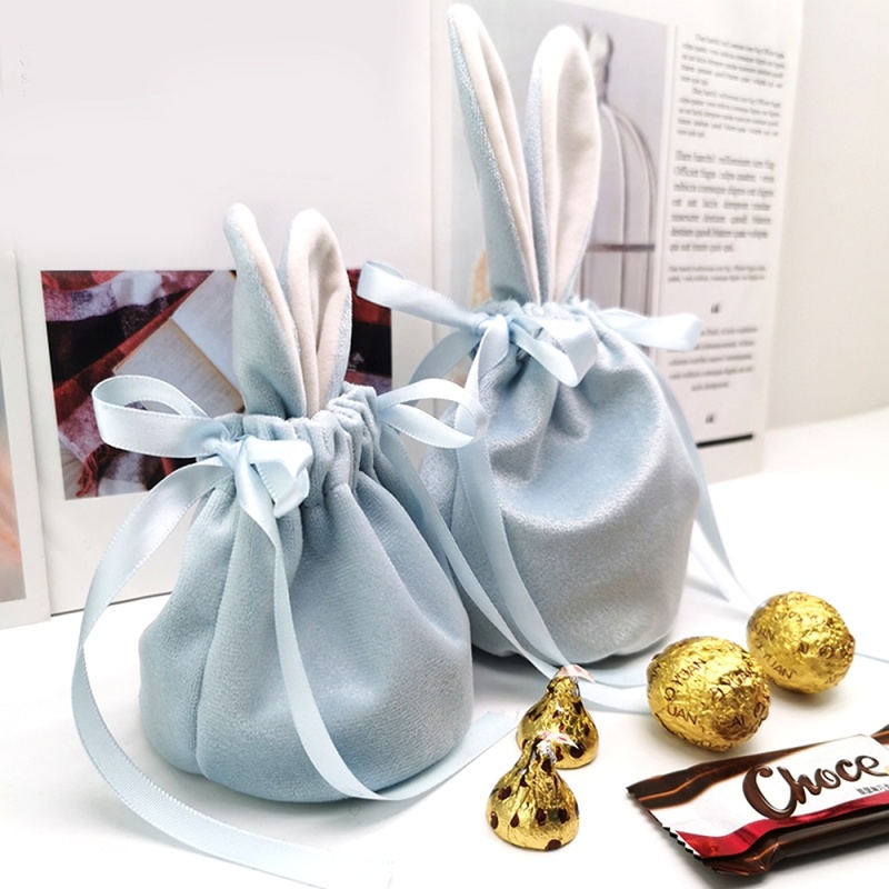 Rabbit Ears Drawstring Velvet Pouch Ribbon Pearl Bag