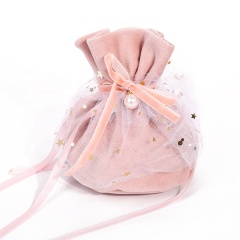 Drawstring Velvet Bag Pouch With Pearl Yarn Pouch