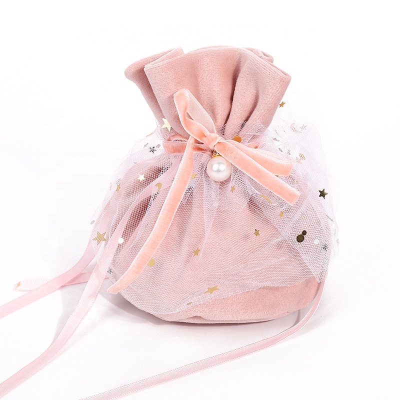 Drawstring Velvet Bag Pouch With Pearl Yarn Pouch