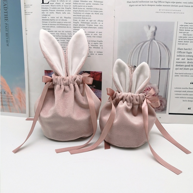 Rabbit Ears Drawstring Velvet Pouch Ribbon Pearl Bag