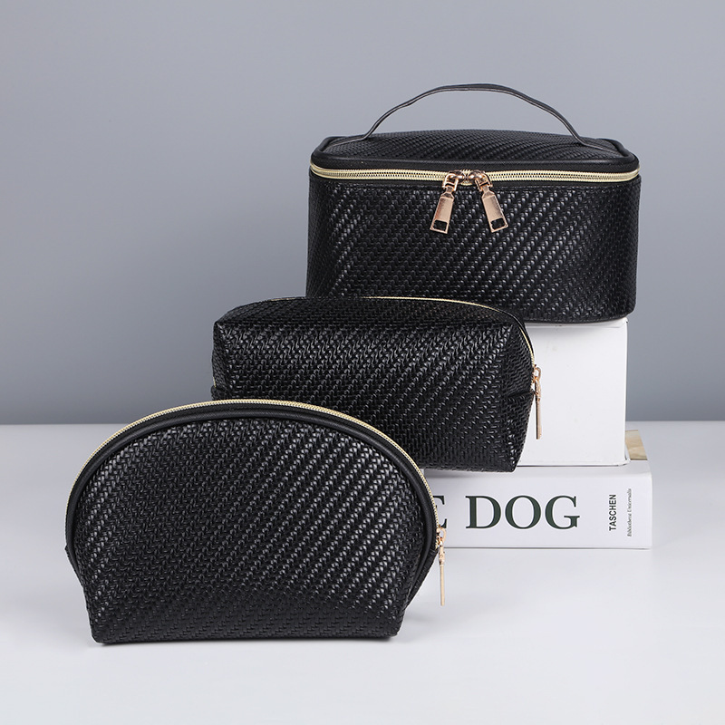 Classical Black Braided PU Gold Zipper Toiletry Bag Luxury