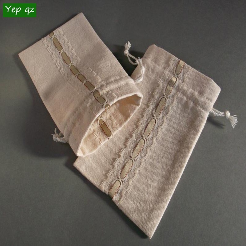 Antique Natural Cotton Drawstring Pouch with Lace and Flower