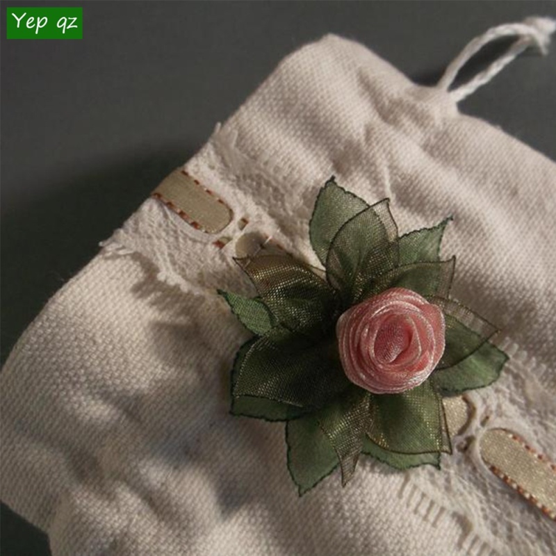 Antique Natural Cotton Drawstring Pouch with Lace and Flower