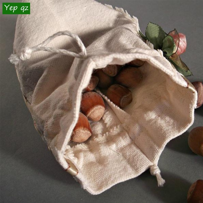 Antique Natural Cotton Drawstring Pouch with Lace and Flower